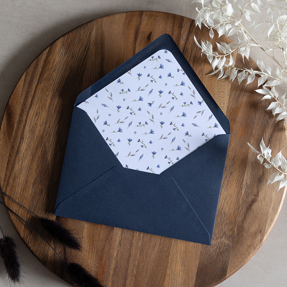 Blue Floral Watercolour Envelope Liner with Navy Envelope